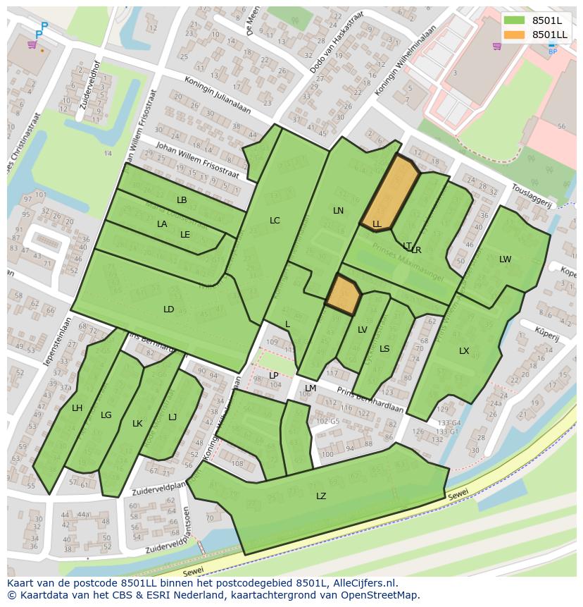 Afbeelding van het postcodegebied 8501 LL op de kaart.