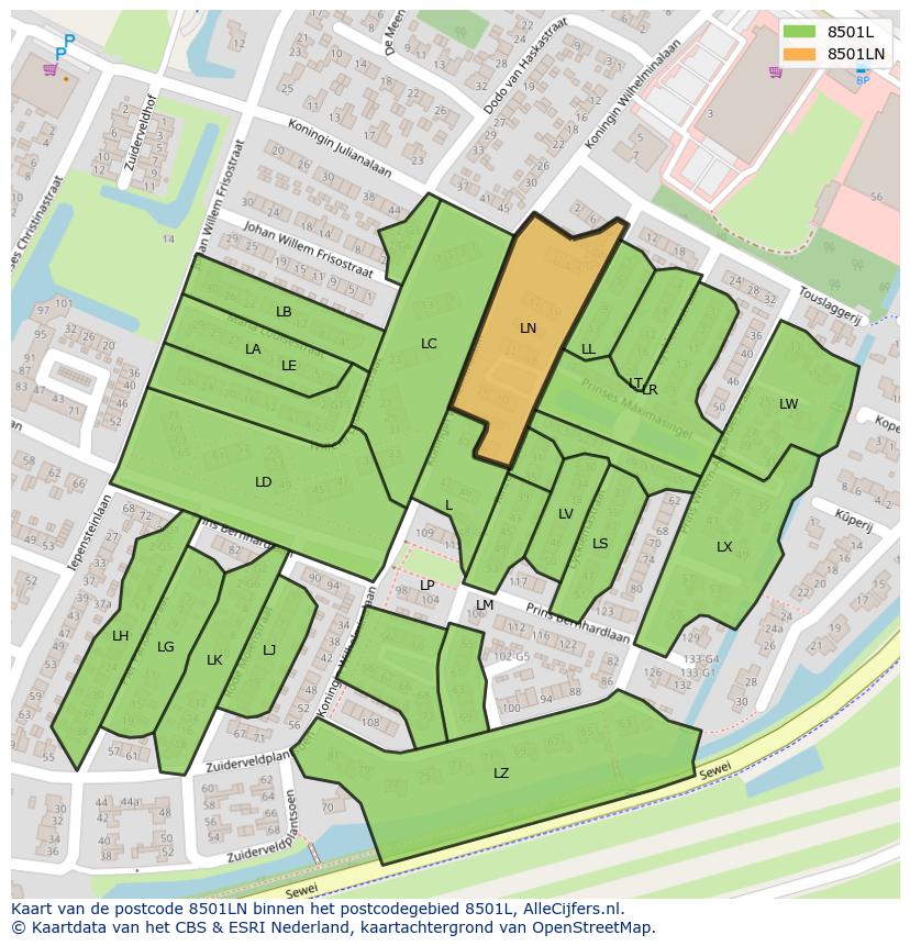 Afbeelding van het postcodegebied 8501 LN op de kaart.