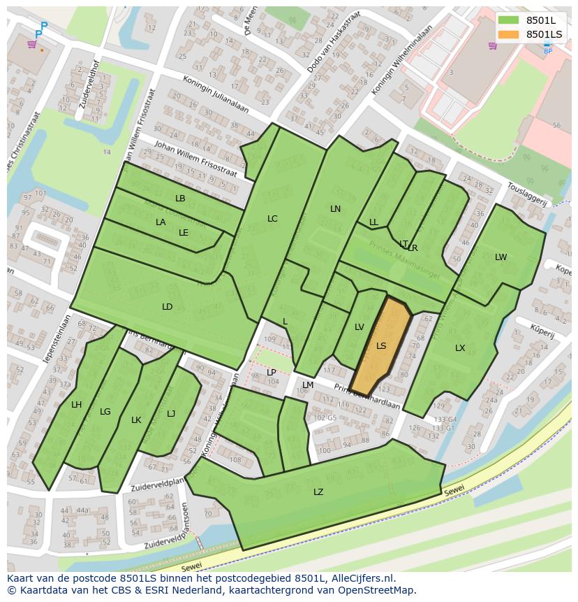 Afbeelding van het postcodegebied 8501 LS op de kaart.