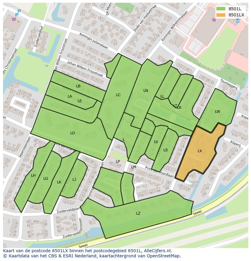 Afbeelding van het postcodegebied 8501 LX op de kaart.