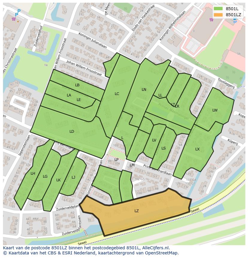 Afbeelding van het postcodegebied 8501 LZ op de kaart.
