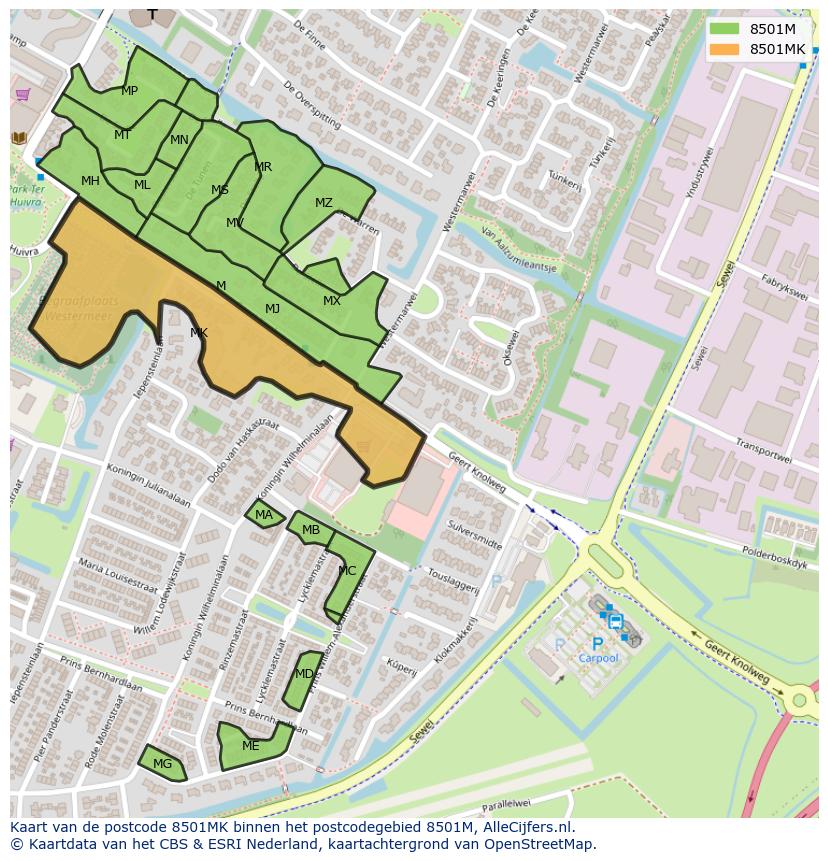 Afbeelding van het postcodegebied 8501 MK op de kaart.