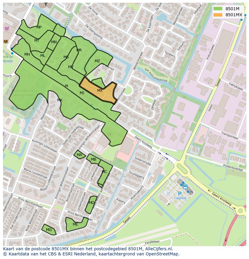 Afbeelding van het postcodegebied 8501 MX op de kaart.