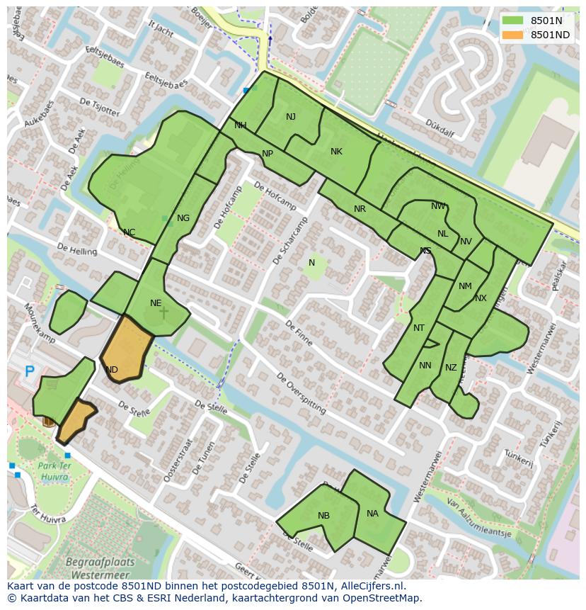 Afbeelding van het postcodegebied 8501 ND op de kaart.