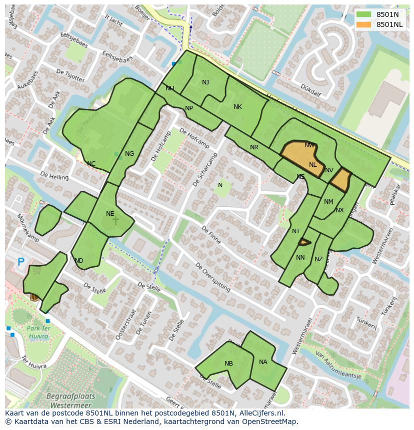 Afbeelding van het postcodegebied 8501 NL op de kaart.