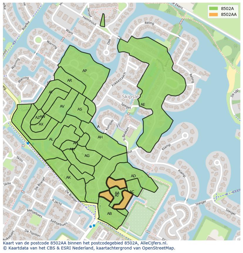 Afbeelding van het postcodegebied 8502 AA op de kaart.