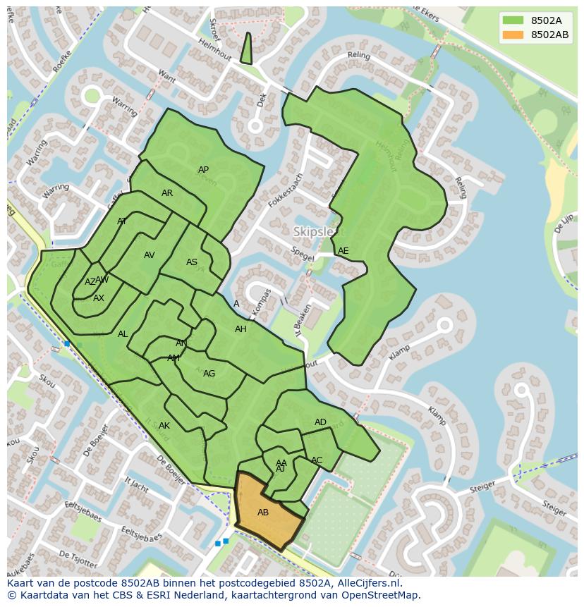 Afbeelding van het postcodegebied 8502 AB op de kaart.