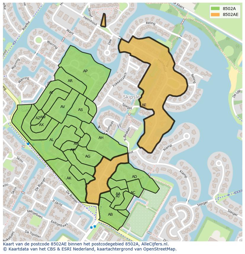 Afbeelding van het postcodegebied 8502 AE op de kaart.