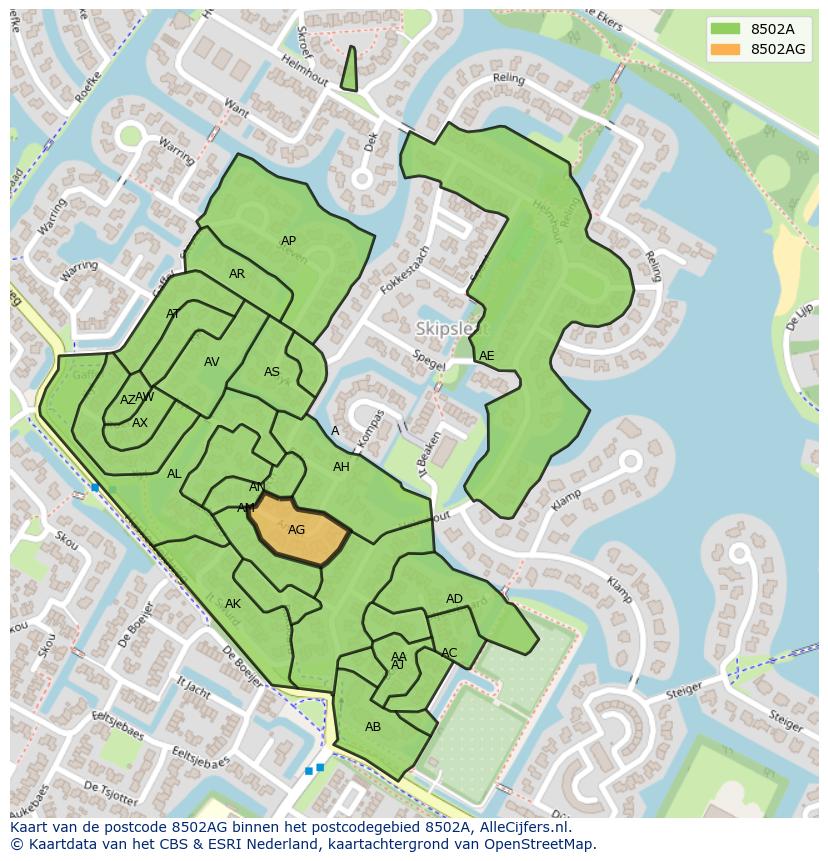 Afbeelding van het postcodegebied 8502 AG op de kaart.