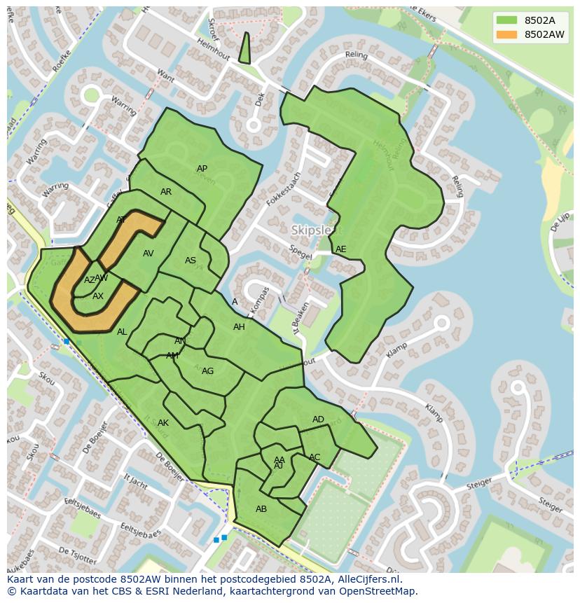 Afbeelding van het postcodegebied 8502 AW op de kaart.