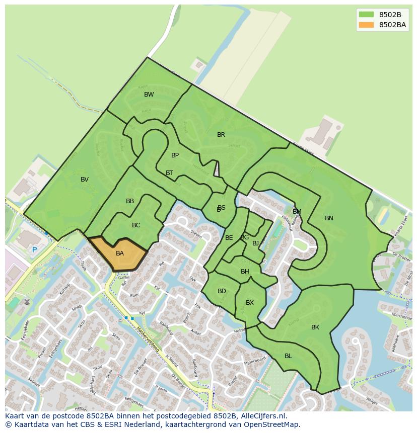 Afbeelding van het postcodegebied 8502 BA op de kaart.