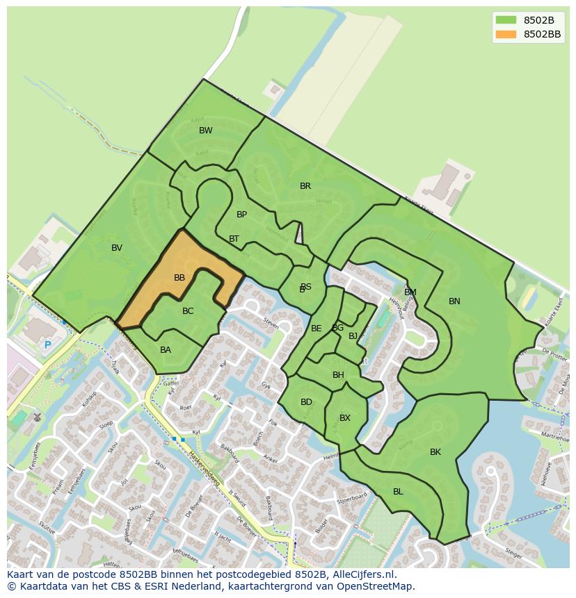 Afbeelding van het postcodegebied 8502 BB op de kaart.