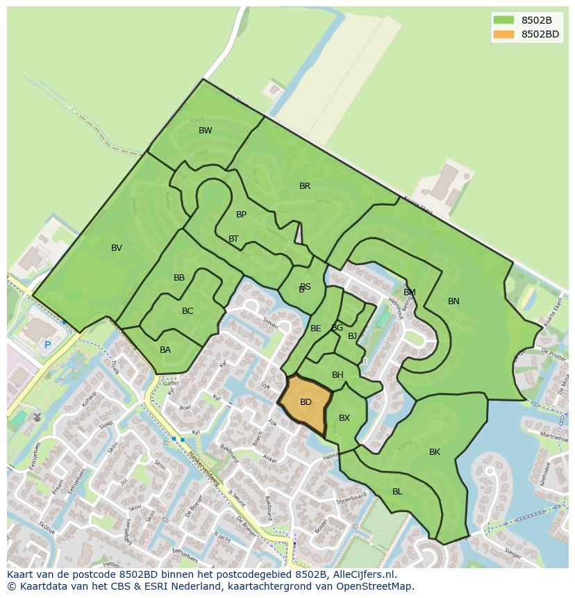 Afbeelding van het postcodegebied 8502 BD op de kaart.