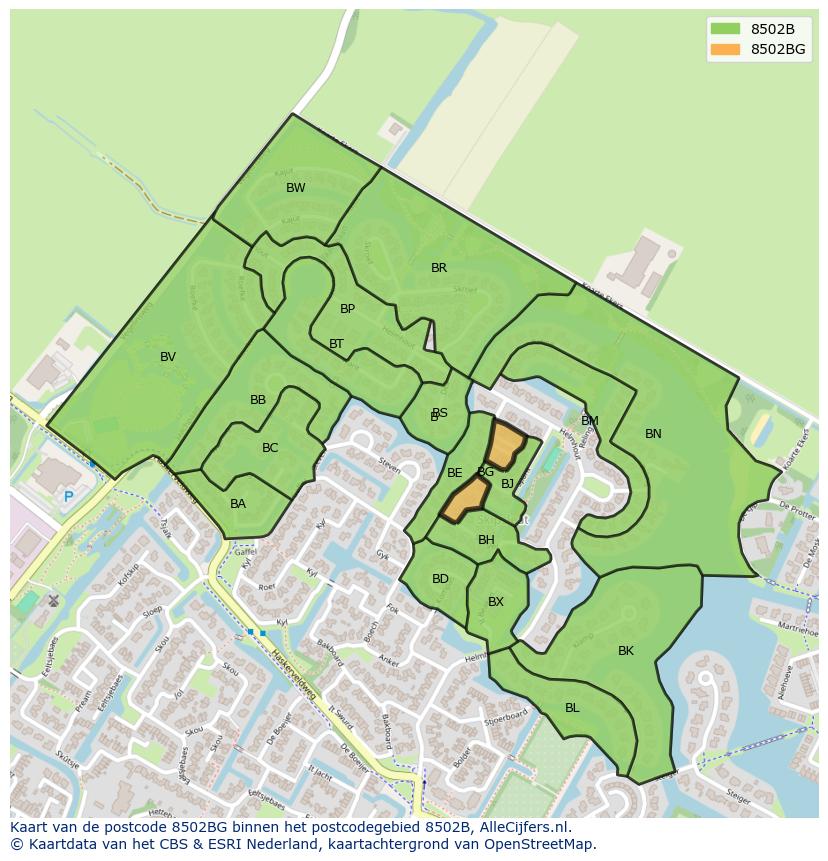 Afbeelding van het postcodegebied 8502 BG op de kaart.