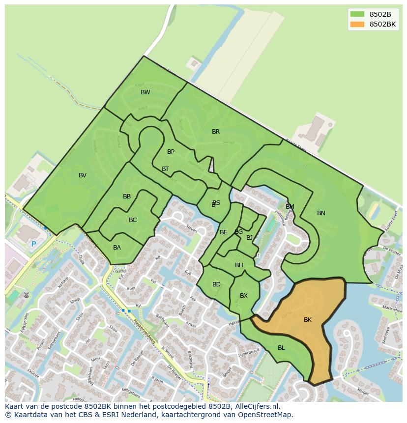 Afbeelding van het postcodegebied 8502 BK op de kaart.