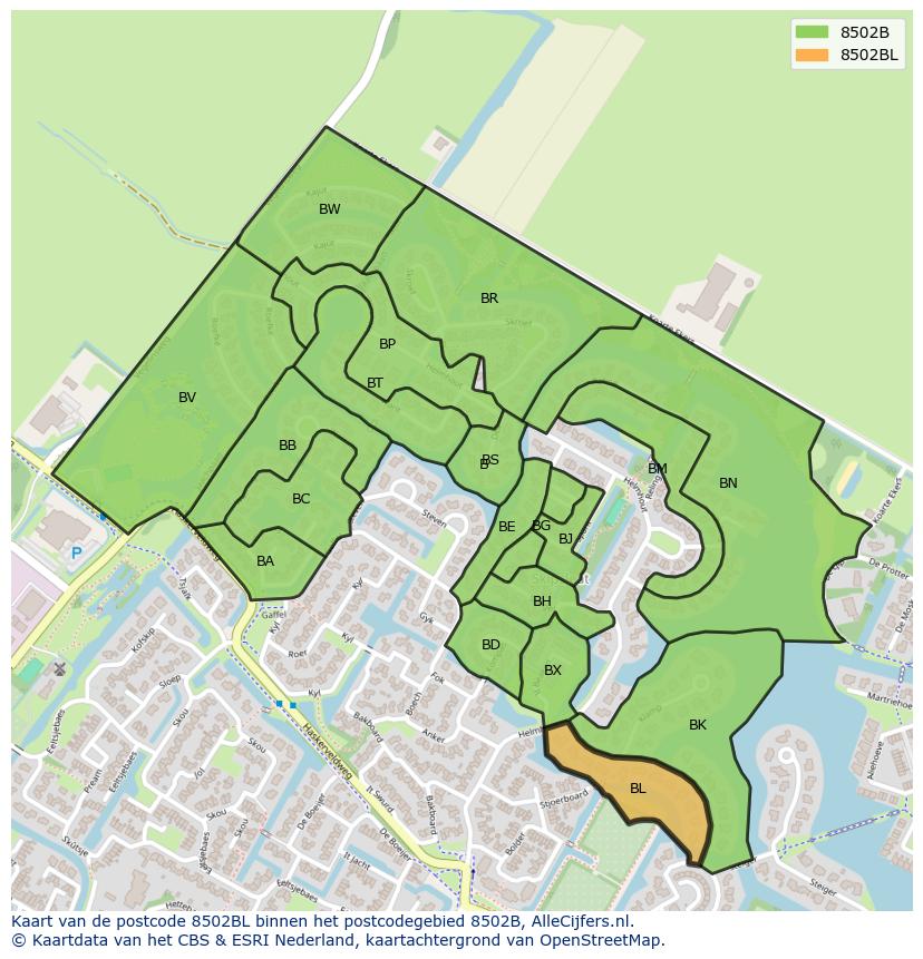 Afbeelding van het postcodegebied 8502 BL op de kaart.