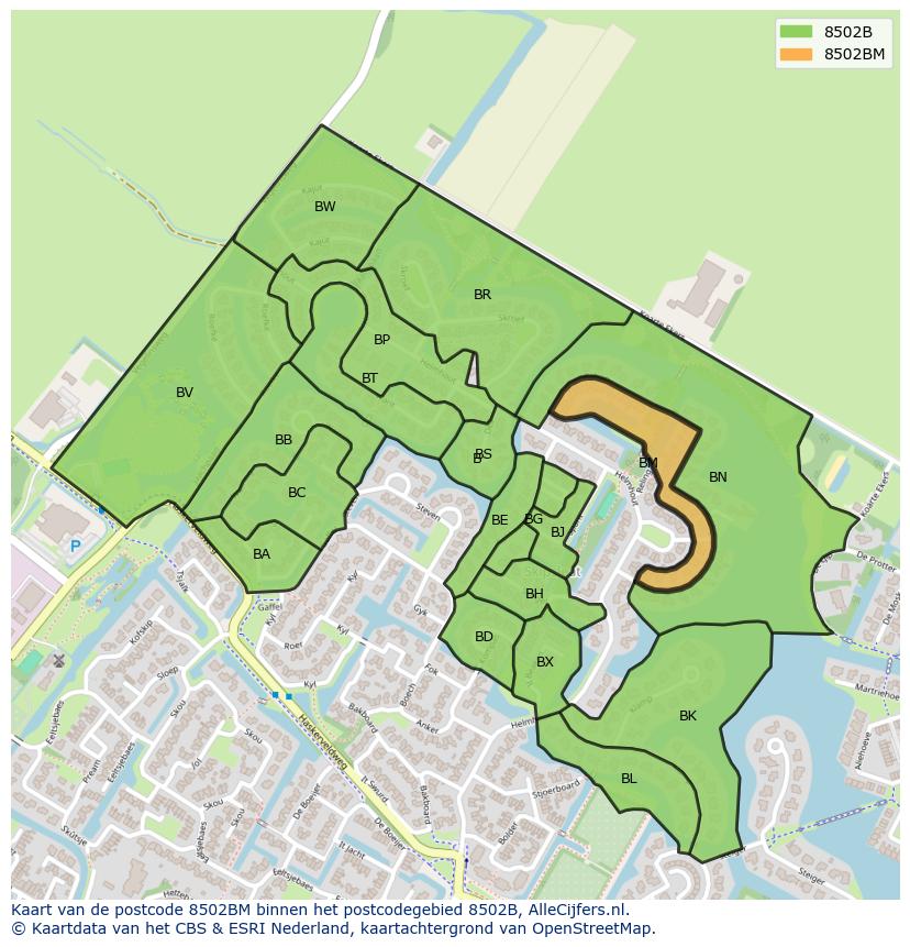 Afbeelding van het postcodegebied 8502 BM op de kaart.