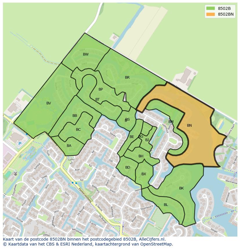 Afbeelding van het postcodegebied 8502 BN op de kaart.