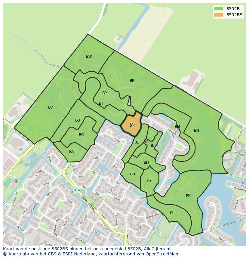 Afbeelding van het postcodegebied 8502 BS op de kaart.