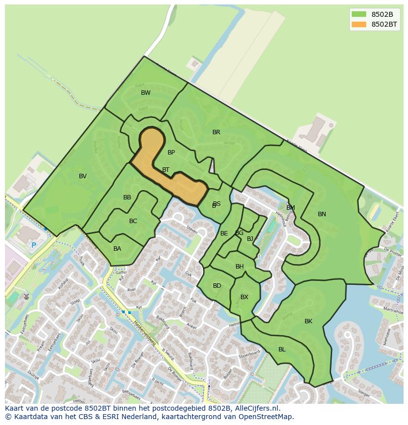 Afbeelding van het postcodegebied 8502 BT op de kaart.