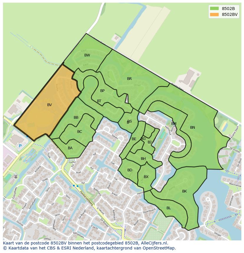 Afbeelding van het postcodegebied 8502 BV op de kaart.