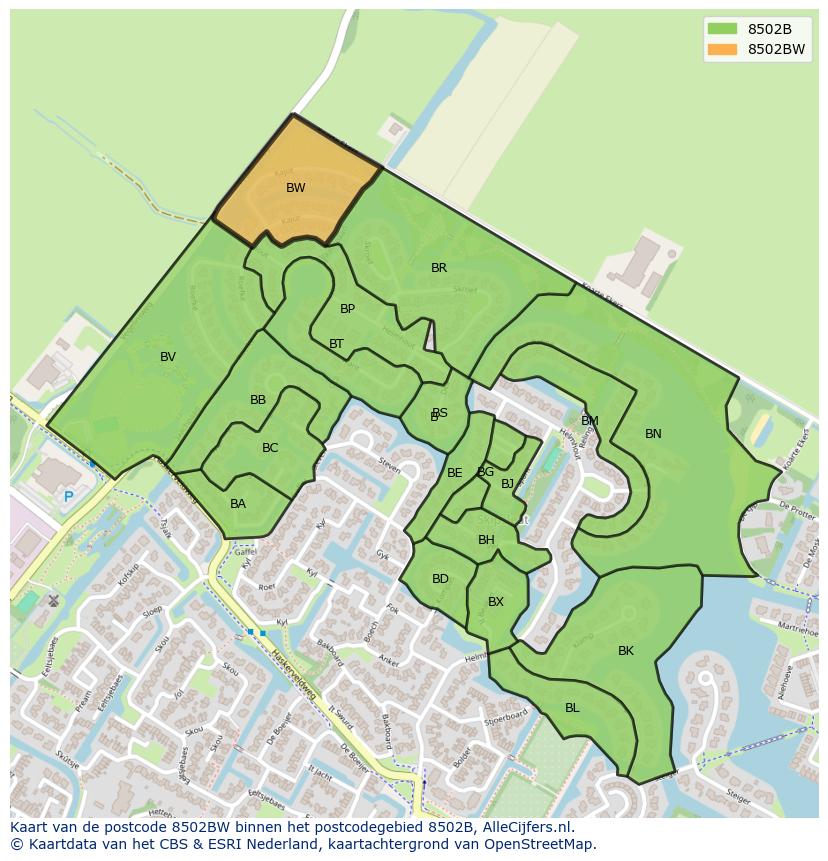 Afbeelding van het postcodegebied 8502 BW op de kaart.
