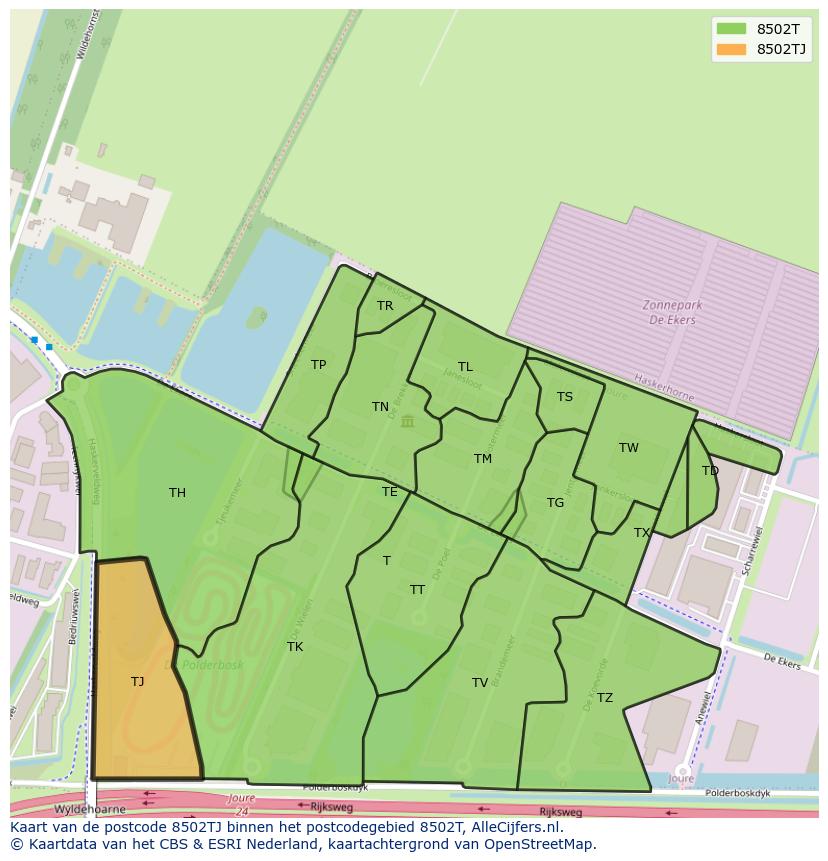 Afbeelding van het postcodegebied 8502 TJ op de kaart.