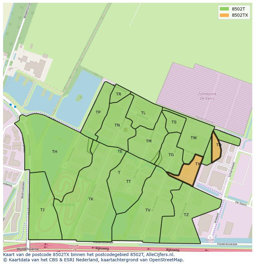 Afbeelding van het postcodegebied 8502 TX op de kaart.