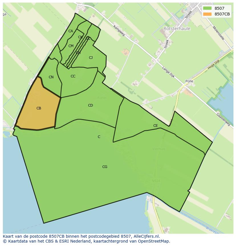 Afbeelding van het postcodegebied 8507 CB op de kaart.