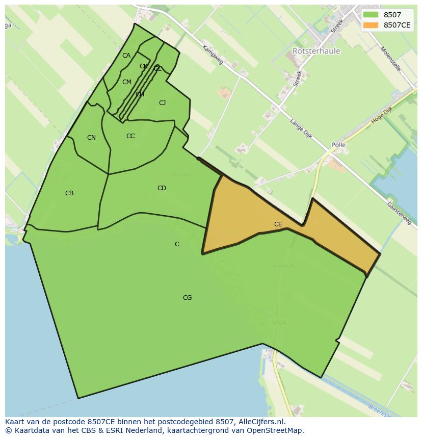 Afbeelding van het postcodegebied 8507 CE op de kaart.