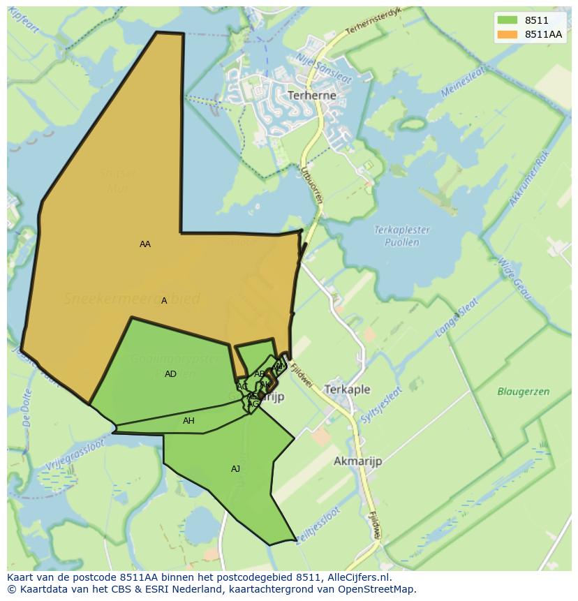 Afbeelding van het postcodegebied 8511 AA op de kaart.