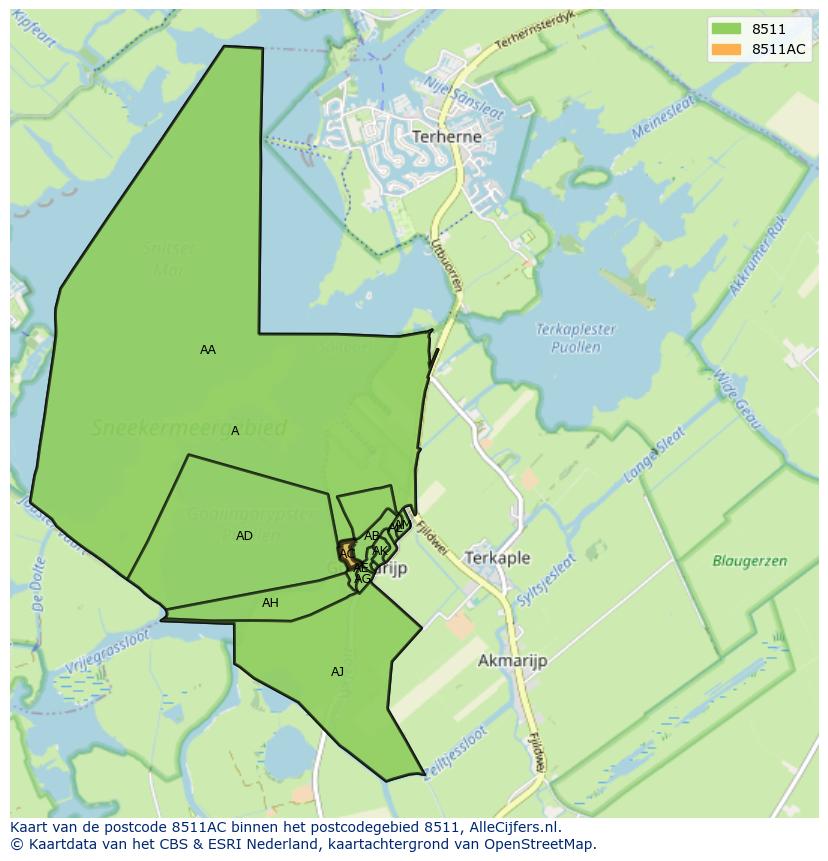 Afbeelding van het postcodegebied 8511 AC op de kaart.