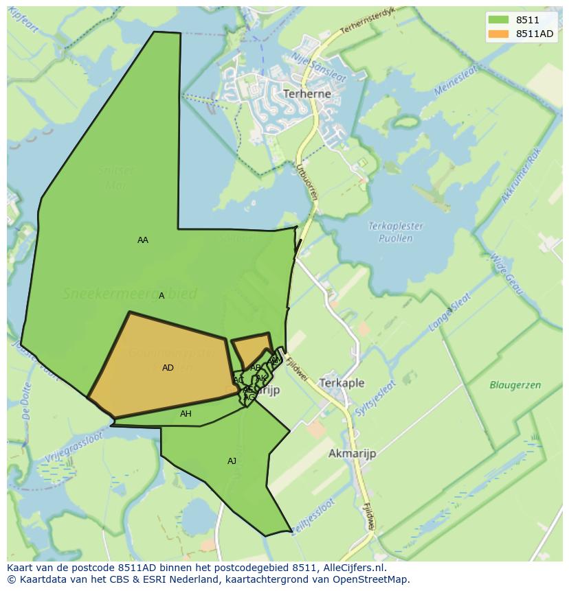 Afbeelding van het postcodegebied 8511 AD op de kaart.