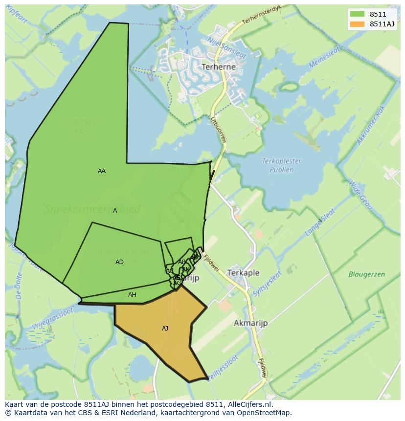 Afbeelding van het postcodegebied 8511 AJ op de kaart.
