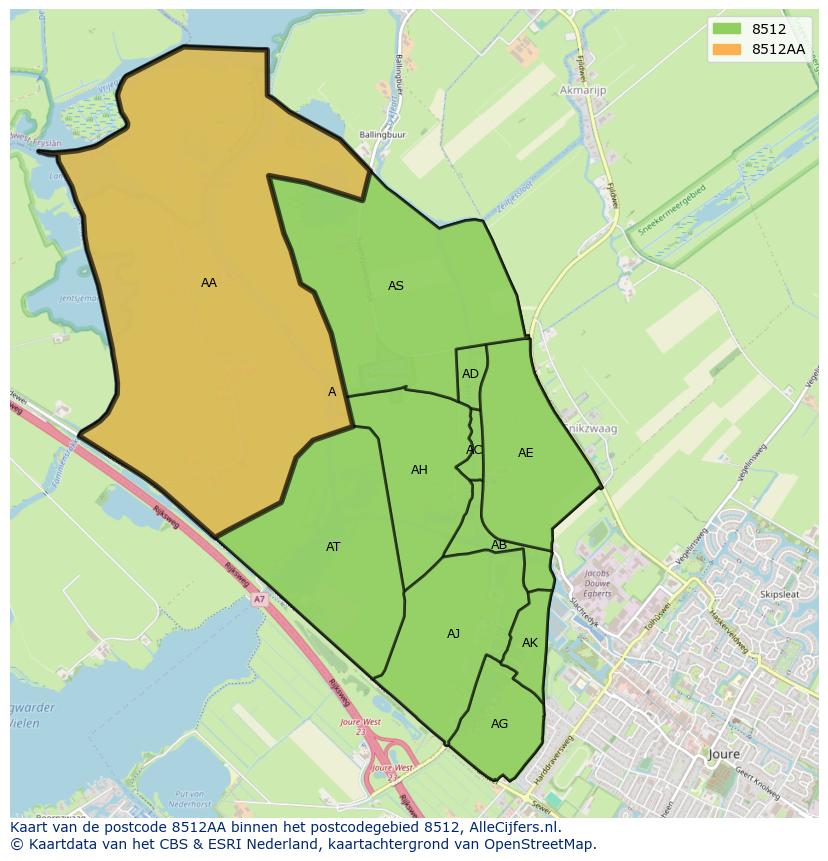 Afbeelding van het postcodegebied 8512 AA op de kaart.