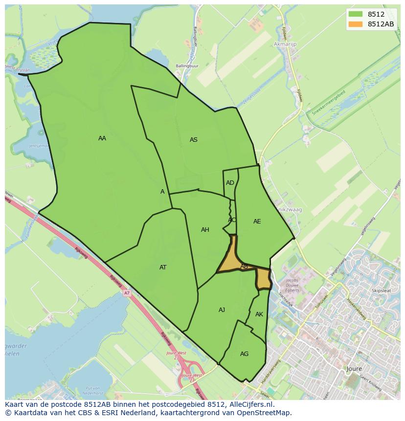 Afbeelding van het postcodegebied 8512 AB op de kaart.
