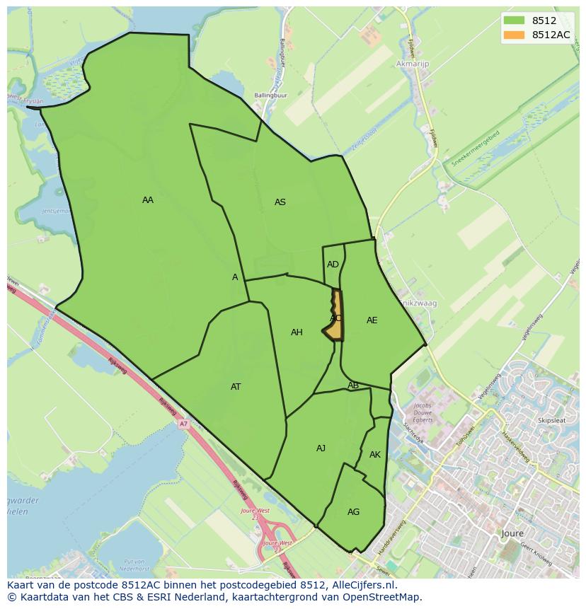 Afbeelding van het postcodegebied 8512 AC op de kaart.
