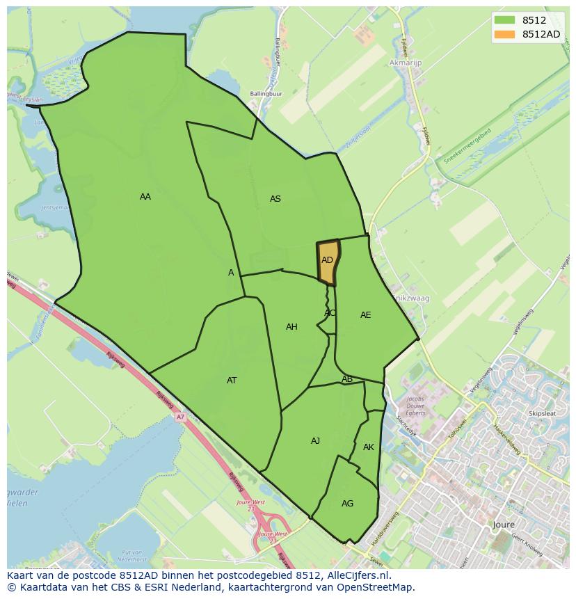 Afbeelding van het postcodegebied 8512 AD op de kaart.