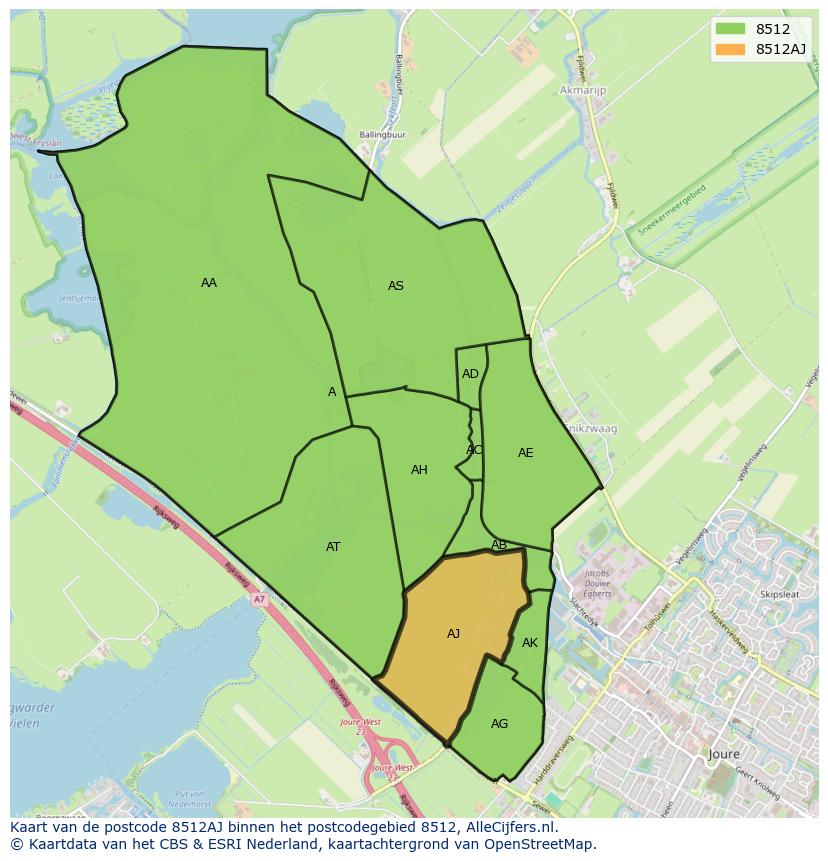 Afbeelding van het postcodegebied 8512 AJ op de kaart.