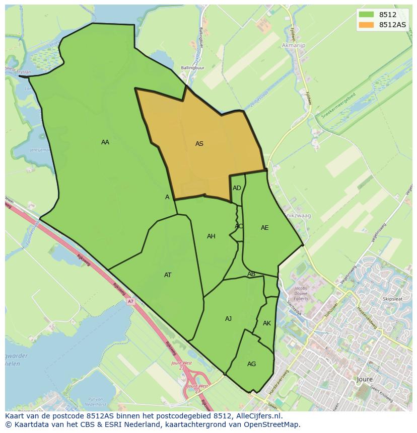 Afbeelding van het postcodegebied 8512 AS op de kaart.