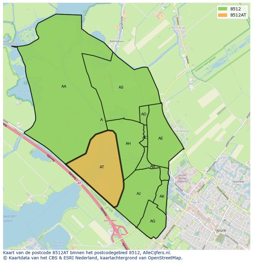 Afbeelding van het postcodegebied 8512 AT op de kaart.