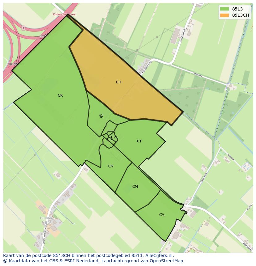 Afbeelding van het postcodegebied 8513 CH op de kaart.