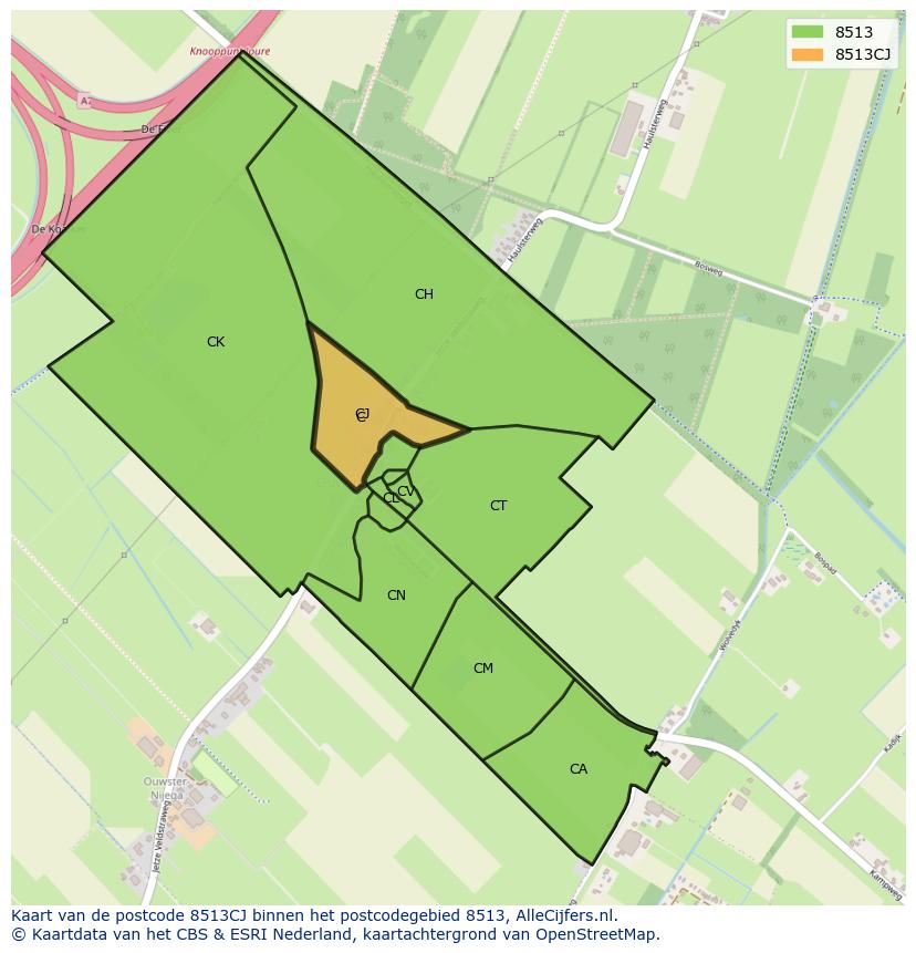 Afbeelding van het postcodegebied 8513 CJ op de kaart.