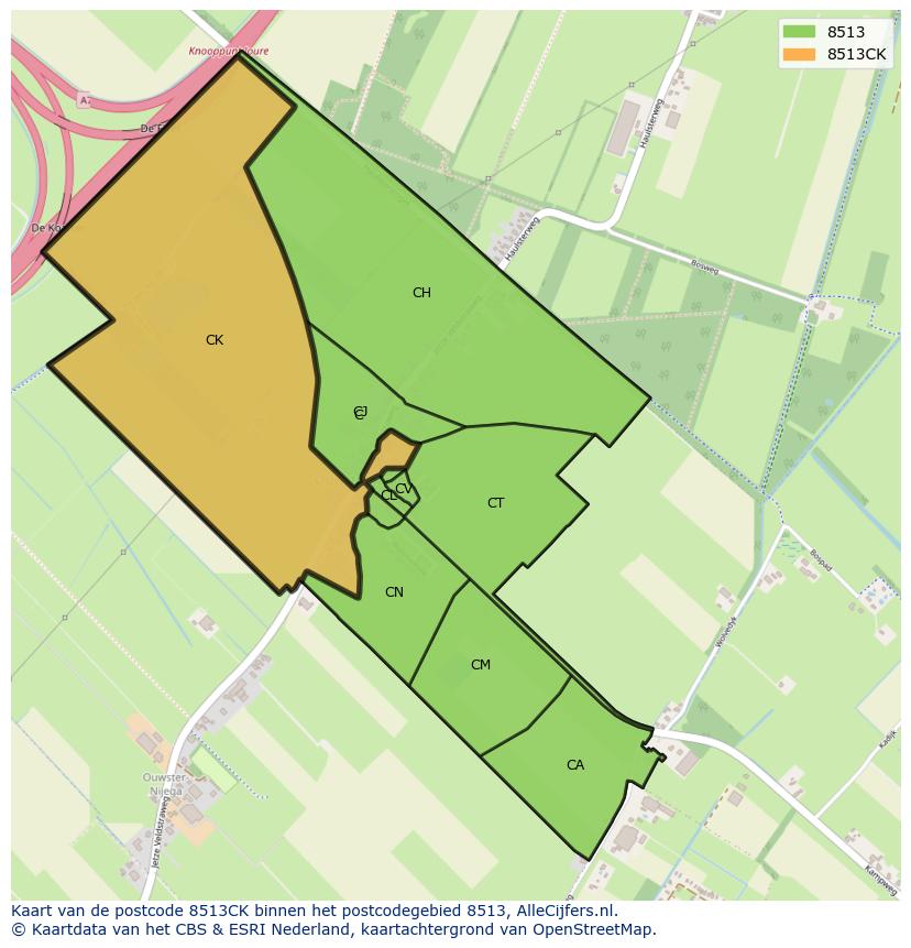 Afbeelding van het postcodegebied 8513 CK op de kaart.