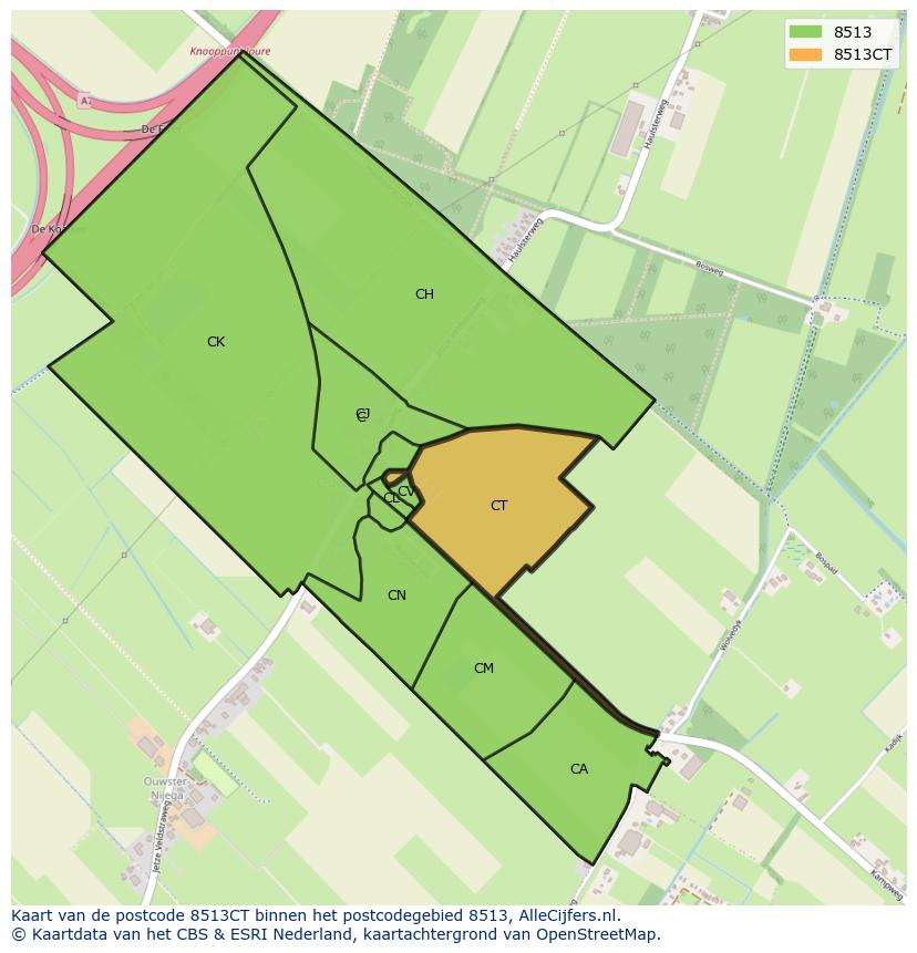 Afbeelding van het postcodegebied 8513 CT op de kaart.
