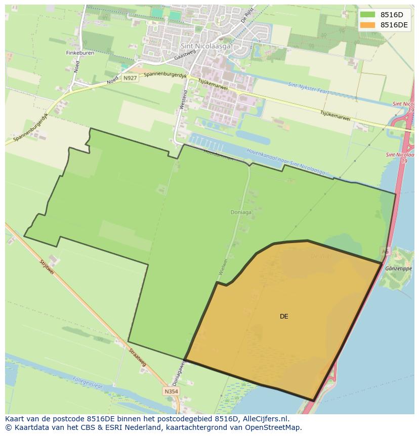 Afbeelding van het postcodegebied 8516 DE op de kaart.