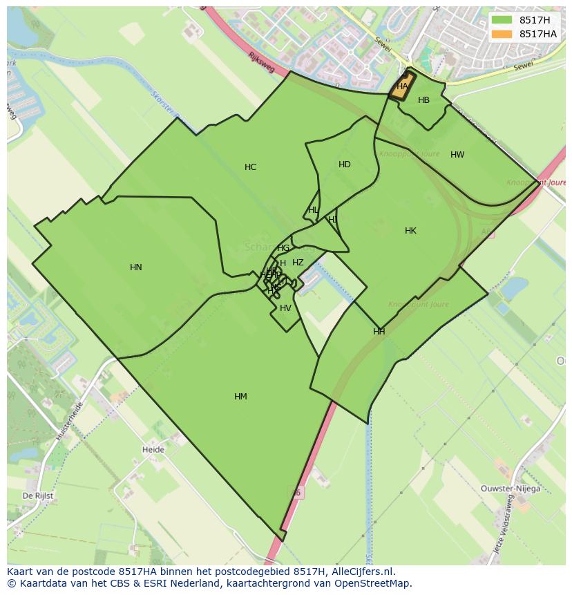 Afbeelding van het postcodegebied 8517 HA op de kaart.