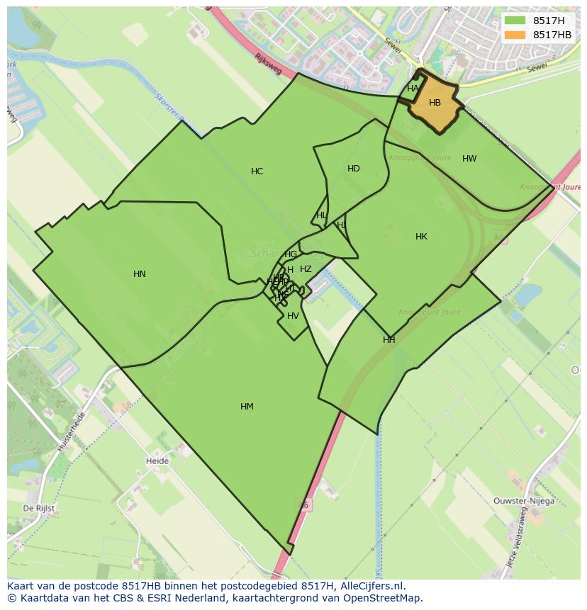 Afbeelding van het postcodegebied 8517 HB op de kaart.