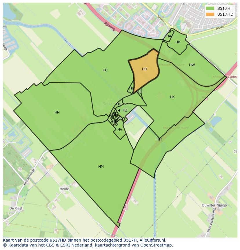 Afbeelding van het postcodegebied 8517 HD op de kaart.