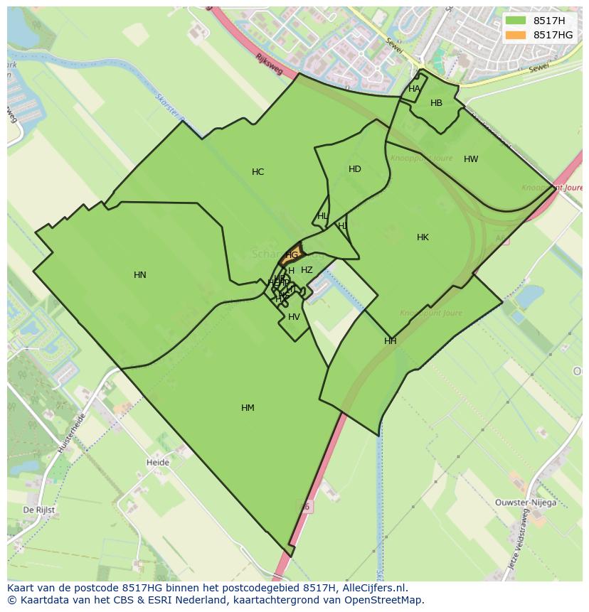 Afbeelding van het postcodegebied 8517 HG op de kaart.